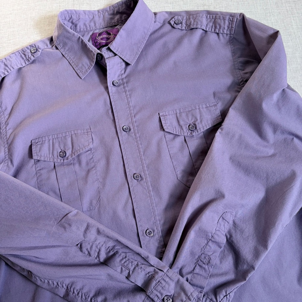 Bruno New York Mens XL Purple Military Style‎ Button Down Shirt Roll Tab Goth